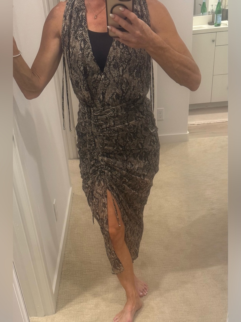 Veronica Beard Brown Snake-Print Ruched Midi Dress size 0